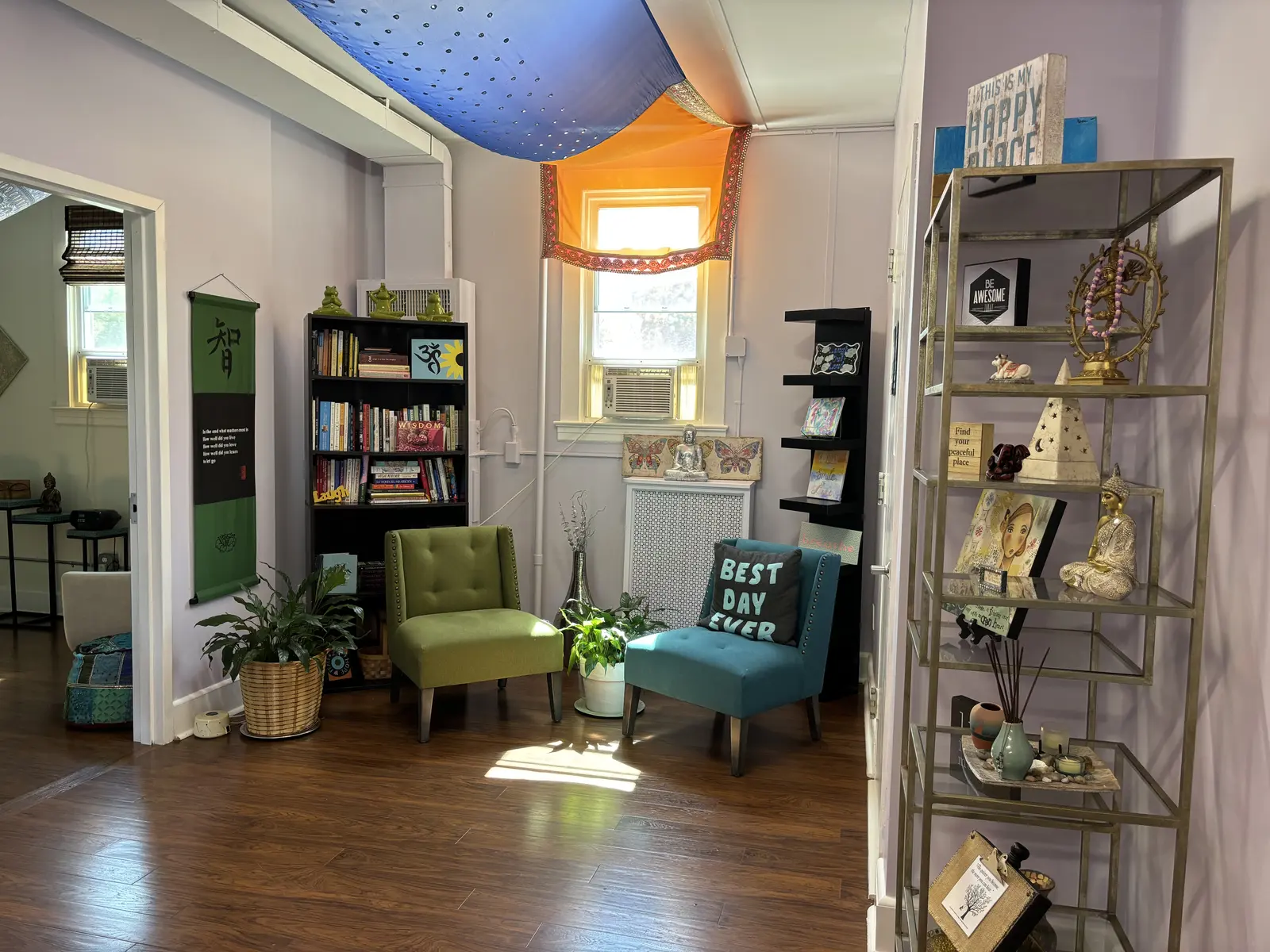 Wellness studio interior with retail shelves